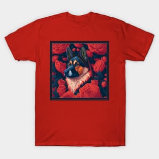 Dogs, shepherd dog and flowers, dog, seamless print, style vector (Black & red version shepherd dog) T-Shirt